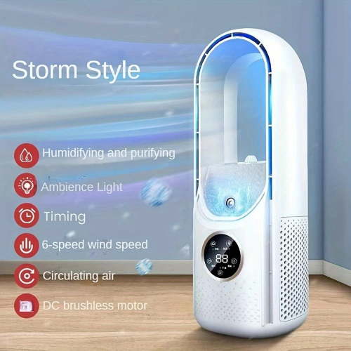 3-in-1 Portable Air Cooler & Humidifier – USB-Powered Bladeless Fan with 6 Speeds, Timer, Ambient Light – Ultra-Quiet for Office, Bedroom, Home – Ideal Gift for Summer & Holidays