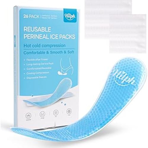 Hilph Perineal Ice Packs for Postpartum Hemorrhoid Pain Relief, Reusable 2 Perineal Cooling Pads with 24Pcs Disposable Sleeves for Women After Pregnancy and Delivery, Essentials Postpartum Care