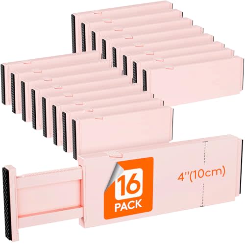 Lifewit 16 Pack Drawer Dividers 4" High, 11-17" Adjustable Drawer Organizers for Clothes, Expandable Dresser Separators in Bedroom/Bathroom/Kitchen/Fridge/Office Organization and Storage, Pink