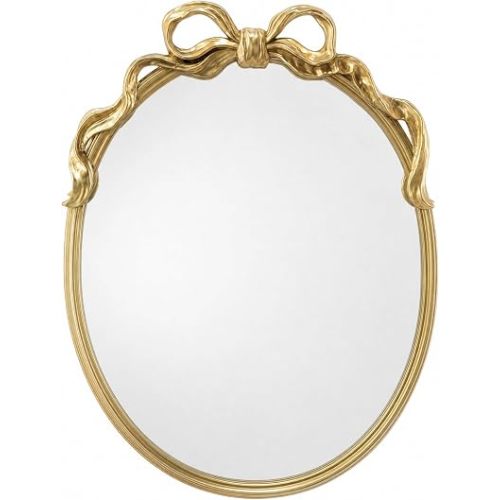 23.5Inch Gold Oval Wall Mirror with Sculpted Bow Top, Vintage Ornate Ribbon Framed Decorative Accent Mirror, Antique Gold Wall Art Mirror for Bathroom Bedroom Entryway Mantel Decor
