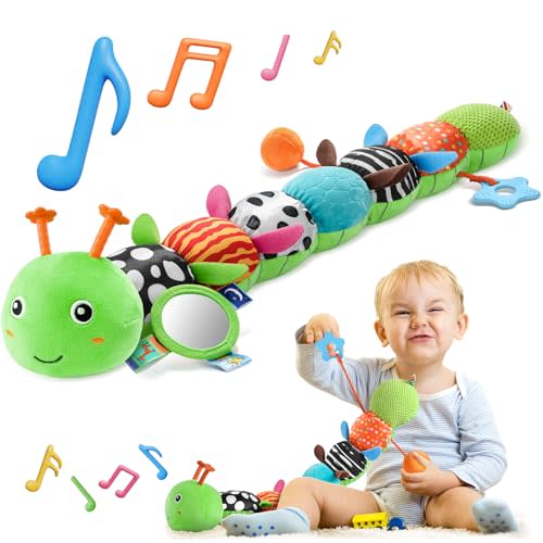 HEMRLY Baby Sensory Toy 0-6 Months, Musical Stuffed Caterpillar Plush with Teether, Crinkle, Rattle, Baby Mirror for Tummy Time, Infant Car Seat Toy for 0-3-6-12 Month Boys Girls Gifts - Winged Green