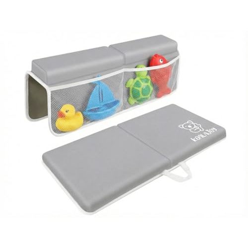 Premium Baby Bath Kneeler & Elbow Rest Pad Set – Thick Memory Foam Cushion – Non-Slip Mat with Mesh Toy Organizer – Baby Bathing Essentials for Parents – Gray