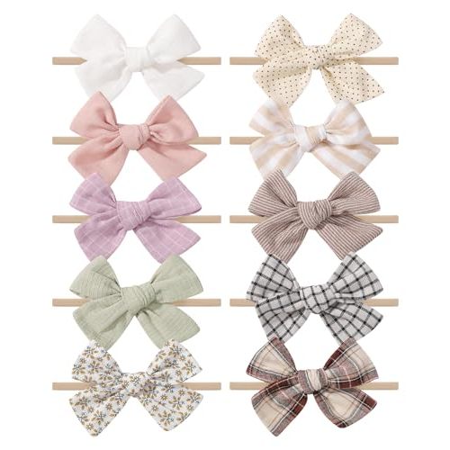 doboi 10PCS Baby Girls Headbands Hair Bows Nylon Cotton Linen Hairbands Fine Handmade Hair Accessories for Newborn Infant Toddlers Little Girls-Solid Plaid Stripe and Flowers