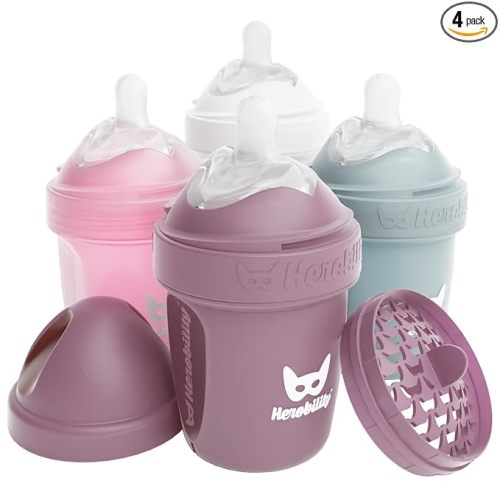 Anti-Colic Baby Bottles 5 fl oz/140ml- Pack of 4 Newborn Baby Bottles, Slow Flow Plastic Bottles, Breast-Shaped Teat for Breastfed Babies – Multicolor – White, Gray, Pink, Hawthorn Rose