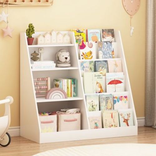 Kids Bookshelf and Toy Storage Organizer, Multifunctional 4 Tier Wooden Kids Book Shelf with Bookcase Display Stand in Kids Room Playroom Nursery