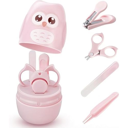 Baby Nail Kit with Cute Owl Case – Newborn Manicure & Pedicure Set with Nail Clipper, Scissors, File & Tweezers for Infant and Toddler Care (Gift for Mom) (Pink)