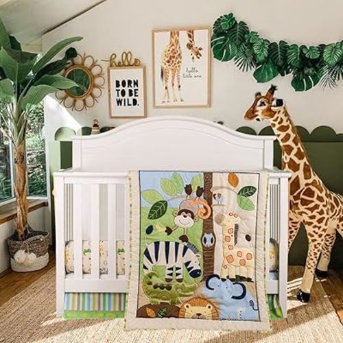 Brandream Jungle 3- Piece Nursery Crib Bedding Sets for Boys - Zebra Elephant Lion Monkey Giraffe Crocodile Birds - Playful Animal Zoo