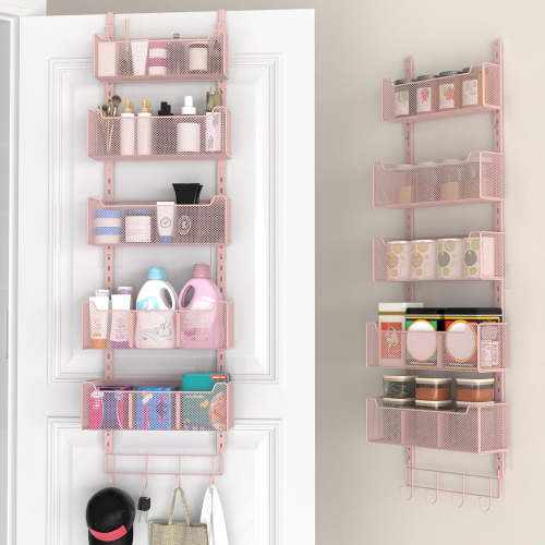 VyGrow Over the Door Organizer, Metal Organizer Hanging Rack with 5 Adjustable Baskets and Coat Hook, Behind the Door Storage for Home, Pink