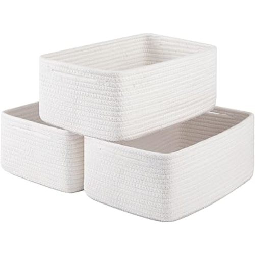 3 Pack Small Storage Baskets for Organizing, Cute Woven Decorative Gift Baskets for Shelves, Mini Closet Organizer Bins with Handles-13''Lx8.66''Wx5.11''H-White