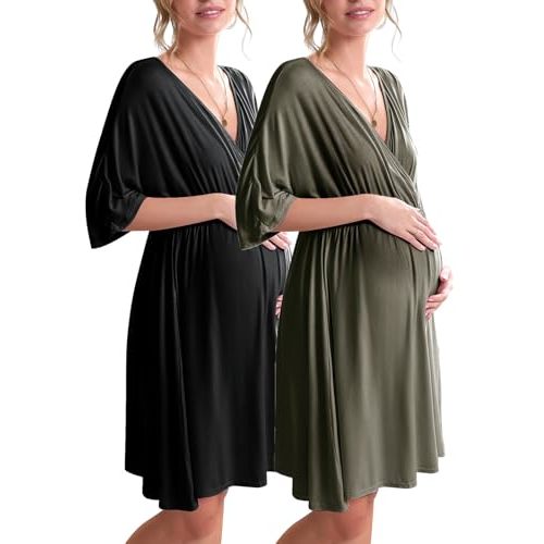 Ekouaer 3 in 1 Labor/Delivery/Hospital Gown 2 Pack Maternity Dress Nursing Nightgown Sleepwear