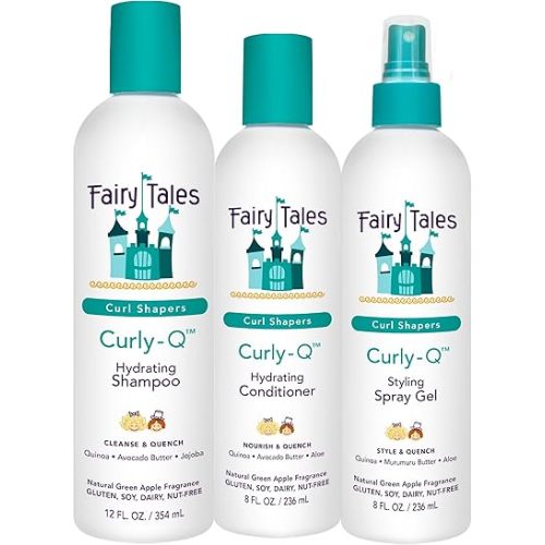 Fairy Tales Curly Q Hydrating Kids Shampoo 12oz, Conditioner 8oz, and Styling Spray Gel 8oz - Paraben, Sulfate, Gluten, and Nut Free - For All Curl Types Including Multi Cultural Hair (3 Pack)