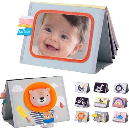 Taf Toys Savannah Infant Tummy-time Soft Crinkle Activity Book with Huge Baby Safe Mirror, 3D Activities, Textures and a Soft Baby Teether