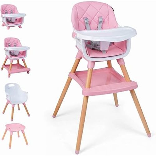 HONEY JOY Baby High Chair, 9 in 1 Convertible Feeding Highchair for Babies and Toddlers, Dining Booster Seat, Toddler Stool w/5-Point Safety Harness, Easy-to-Clean Removable PU Cushion & Tray (Pink)