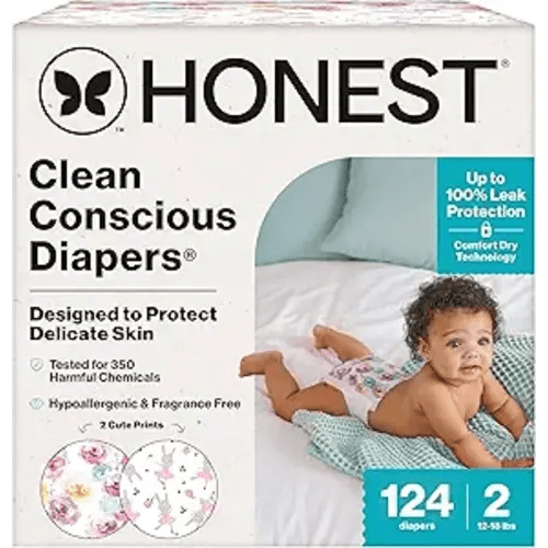 The Honest Company Comfort Dry Disposable Daytime Diapers for Sensitive Skin, Hypoallergenic, Fragrance-Free, Rose Blossom + Tutu Cute, Super Club Box, Size 2 (12-18 lbs), 124 Count