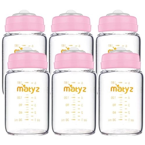 Matyz Glass Breastmilk Storage Containers, 6 Pack, 6 oz Bottle, Compatible with Spectra Medela Philips Pump - Freezer Safe Storage Bottles Set - Leakproof Glass Baby Bottles - No BPA (Pink Lids)