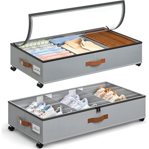 Yecaye Under Bed Storage with Wheels, 2 Pack Under Bed Storage Containers with Adjustable Dividers & Clear Window, Rolling Underbed Organizer Bins Drawers for Clothes, Shoes, Blankets, Grey