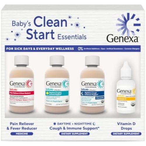 Genexa Baby’s First Medicine Cabinet, 4-Pack Gift Set – Infant Pain Relief & Fever Reducer, Organic Baby Cough Syrup and Vitamin D 400 IU, Dye-Free Baby Health Essentials for Infants & Toddlers