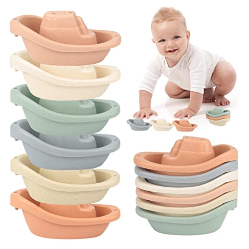 YTFU Stacking Boats Bathing Toys - Baby Bath Toys for Toddlers, Stackable Bathtub Toys, Mold Free, Eco-Friendly Wheat Straw, Pool and Beach Toys for Kids, 6 Pack