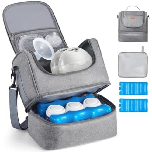 VEVOR Breast Pump Bag, Breast Feeding Bag with Ice Pack, Compatible with Momcozy, Medela & Elvie Pumps, Portable Pump Carrying Case for Breastmilk Storage, Work, Travel and Family Use, Grey