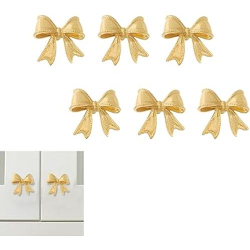6 Pack Antique Gold Bow Cabinet Knobs Brass,Rustic Bowknot Drawer Dresser Furniture Knobs and Pulls Vintage for Kitchen,Bathroom, Bedroom,Kid Room (Gold)