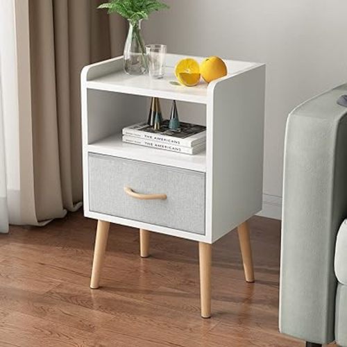 LUCKNOCK White Night Stand with Drawer, Mid Century Modern Bedside Table, Sturdy Wood Nightstand with Open Storage Shelf, Small Bedside Table for Bedroom, Kids Room & Small Spaces.