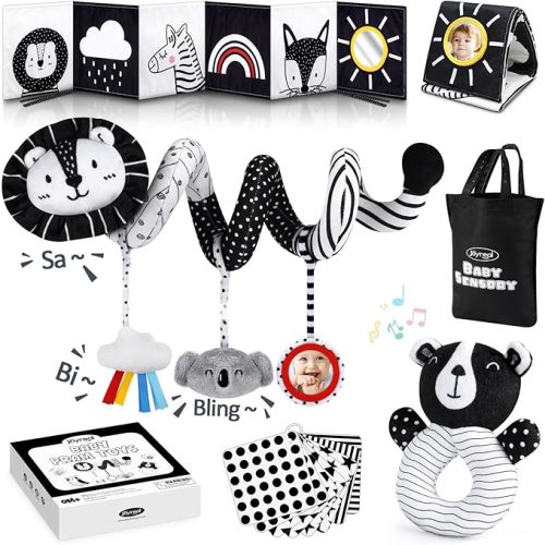 Joyreal High Contrast Baby Toys for Newborn, Black and White Baby Sensory Toys with Car Seat Toys,Infant Toys with Black White Cards Book, Montessori Toys for Baby Gifts