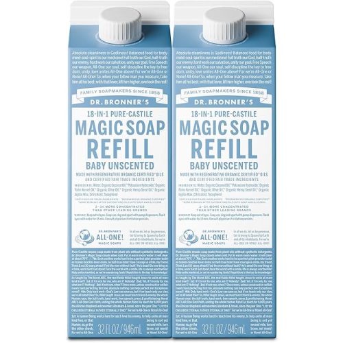 Dr. Bronner's Pure-Castile Liquid Soap Refill - Made with Regenerative Organic Certified Oils, 86% Less Plastic - 18-in-1 Uses, For Face, Body Wash, Hand Soap Refill & More - Baby Unscented, 32oz