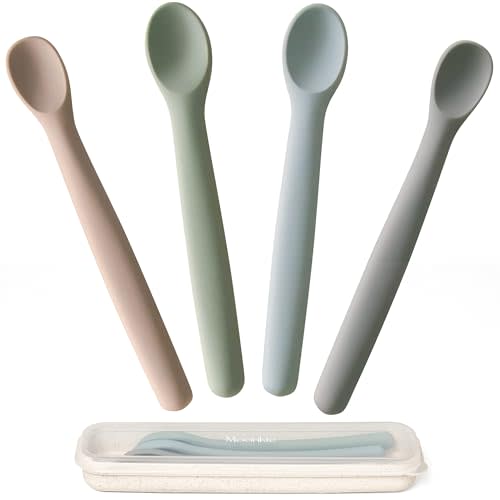 Moonkie Silicone Baby Spoons Set of 4, Soft-Tip Spoon for First Stage Infant Feeding, Bendable, Chewproof & Boil-proof Baby Training Spoon with Case (Grey/Warm Taupe/Ether/Sage)