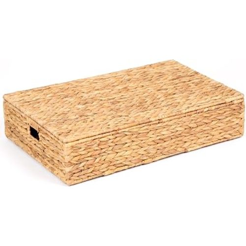 Under Bed Storage with Lid, Hand Woven Underbed Storage Basket for Bedroom, Large Underbed Storage Basket, Wicker Bed Storage Bin (Water Hyacinth Basket without Liner, 30.7″×19.7″×6.3″, 60L)