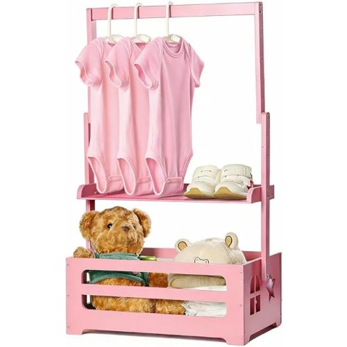 Baby Shower Crate Closet, Gender Reveal Storage Box with Wooden Baby Clothing Display Rack, Nursery Closet Organizer with Hanging Rod, Shelf & Toy Crate for Newborn Boy or Girl - Pink