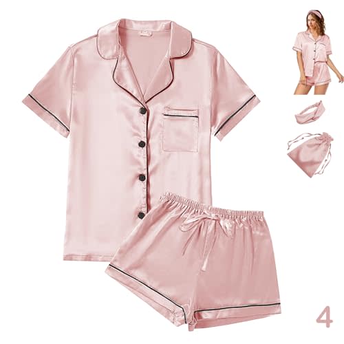 WJing Yi Jia Womens Satin Silky Pajama Sets Short Sleeve Shirt XS-4XL Floral Pajamas Set Soft PJ Loungewear Sleepwear