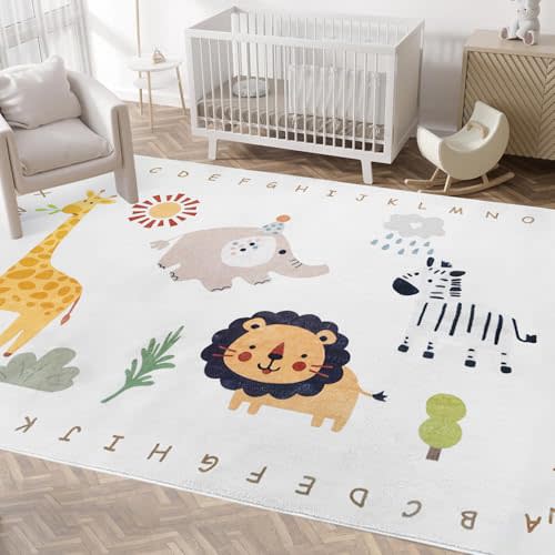 Poowe Cute Zoo Rug for Kids Room Boy & Girl -Colorful Alphabet Circle Area for Playroom, Nursery, Classroom, Bedroom - Non-Slip, Soft Play Mat for Baby, Neutral Toddler, Children -5Ft x 7Ft