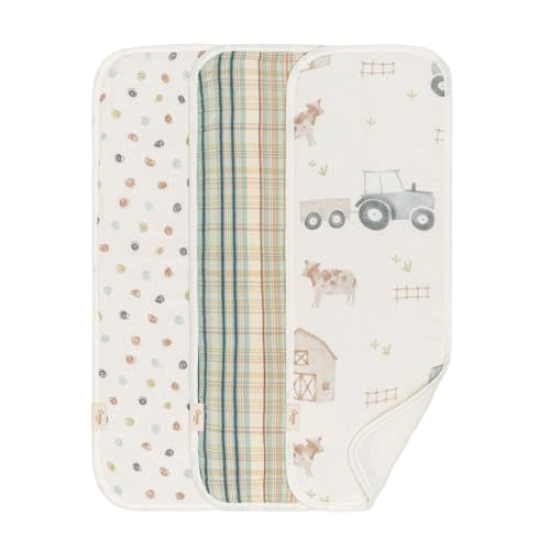 Crane Baby Burp Cloths Set, 3-pc. Charlie Farmhouse Tractor Collection, Soft 100% Cotton Muslin Burp Cloths for Baby Boys and Girls, Farm Nursery Décor