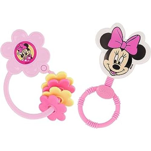 2 Pack Disney Minnie Mouse Character Shape Rattle and Keyring Teether, Premium Toddler Birthday Toys, Infant Teething Toys, Great for Newborn Shower Gifts