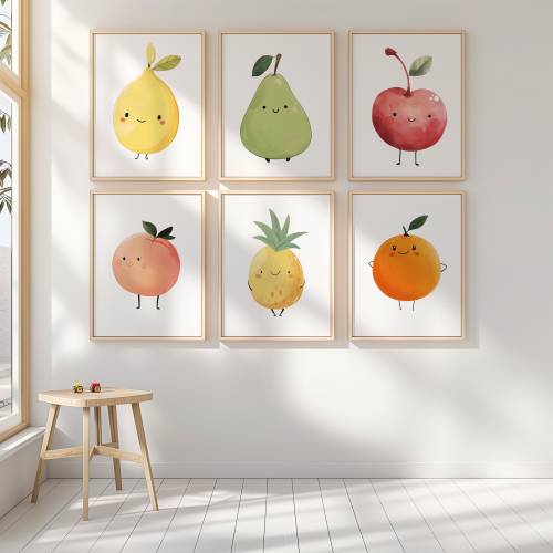 Set of 6 Cute Fruit Nursery Wall Art Prints, Baby Girl Nursery Decor, Kids Playroom Wall Art, Printable Fruit Art, Kawaii Fruit Art Prints