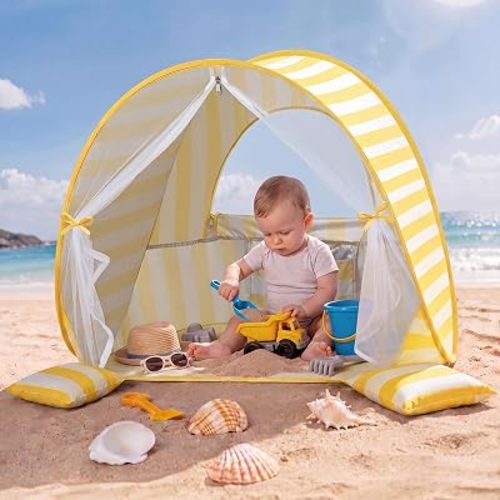 Pop Up Baby Beach Tent,UPF 50+ UV Sun Protection Portable Beach Tent for Baby Infant Toddler, Lightweight Sun Shelter with Ventilation Door Curtain,Outdoor Beach Travel Backyard,Yellow
