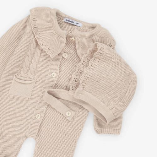 Babidu - Girls Beige Knitted Babygrow & Hat Set | Childrensalon