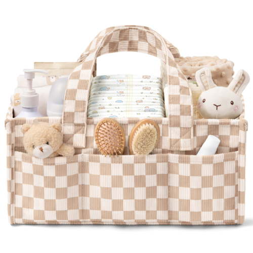 Corduroy Baby Diaper Caddy Organizer, Portable Nursery Storage Basket with 5 Removable Dividers, Large Diaper Organizer for Newborn Nursery Essentials, Baby Shower Gift, Beige Checkered