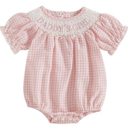FIOMVA Toddler Baby Girl Clothes Summer Smocked Bubble Romper Embroidery Onesie Short Sleeve Bodysuit Cute Outfits