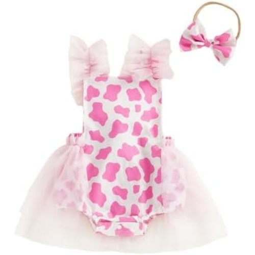 Newborn Infant Baby Girl Summer Clothes Western Cow Print Sleeveless Princess Romper Dress With Cute Bow Headband
