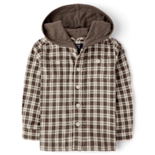 Baby And Toddler Boys Long Sleeve Plaid Flannel Hooded Button Up Shirt - BROWN | The Children's Place