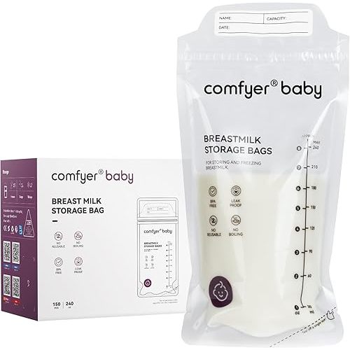 150 Pcs Breastmilk Storage Bags, 8oz Large Capacity, No Leak, Easy Storage with Self Sanding or Lay Flat, in-Out Seperate Design, Recyclable & BPA Free