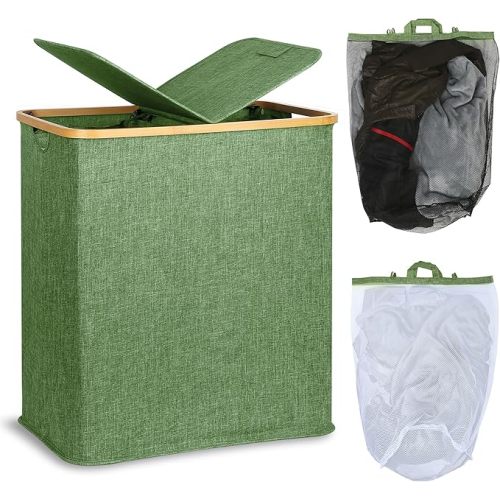 efluky Laundry Hamper with Lid, Double Laundry Hamper with 2 Removable Bags, 2 Section Laundry Basket with Bamboo Handles for Bathroom, Bedroom & Laundry Room,140L Green