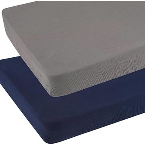 Muslin Pack and Play Sheets Fitted Compatible with 4moms Breeze Plus Playard and Other 30x43 Inch Large Playpen Mattress Snuggly Soft 100% Cotton Grey & Navy