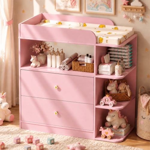 Linor Baby Changing Table Dresser with 2 Drawers, 4 Open Shelves, Anti-tip, and Storage Shelves, Sturdy, Easy-clean, Pink