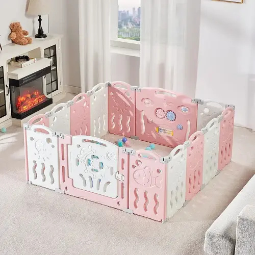 Albott Baby Playpen, Upgraded 14 Panels Foldable Fence with Game Panel and Safety Gate, Adjustable Shape, Portable Play Yards for Children Toddlers Indoor or Outdoors (Pink+White,14 Panel), 1.0 Sq Ft