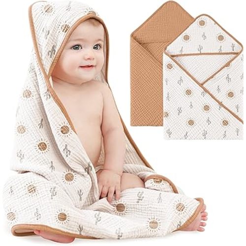 Bearmoss Muslin Baby Bath Towels 100% Cotton Baby Hooded Bathing Towels for Newborn Unisex Baby Boys Girls Infants Toddlers & Kids - 30x30in 2Pack (Sun&Cactus)