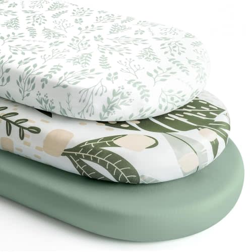 Yoofoss 3-Pack Bassinet Sheets for Boys Girls Universal Fit (Green+Leaf) | Ultra Soft & Breathable, Fitted Mattress Sheets Set Compatible with Halo Bassinest Swivel Sleeper,Baby Delight,Angelbliss