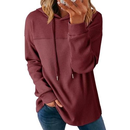 Dokotoo Womens Hoodies Casual Waffle Knit Long Sleeve Drawstring Pullover Sweatshirts Lightweight Hooded Tops