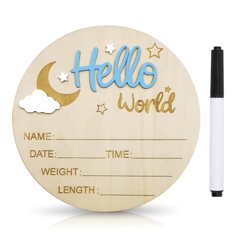 Baby Announcement Sign, 5.9 Inch Wooden Hello World Newborn Signs, Birth Announcement Sign and Pen, Moon and White Cloud Decoration, Welcome Newborn Arrival to World, Hospital Nursery for baby (Blue)